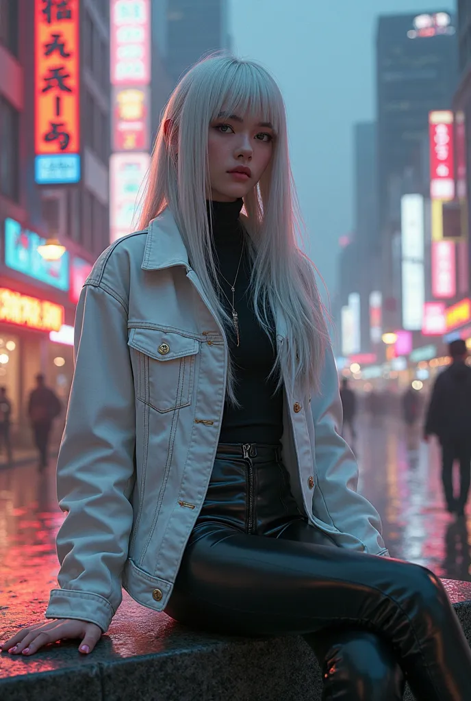 A girl, long white hair White denim jacket, black sweater, black latex pants Sitting, cityscape, full body
