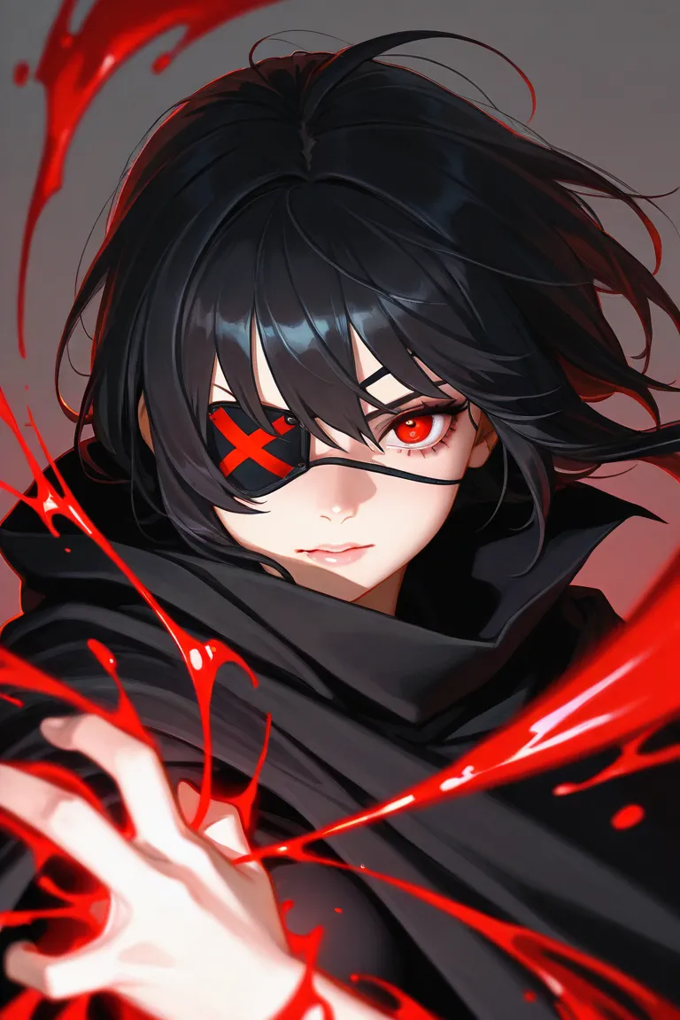  female,  , very pretty, short black hair, red eyes, Black Cloak, Eye patch with a golden prick, psychopathisch, Krone, Blood magic