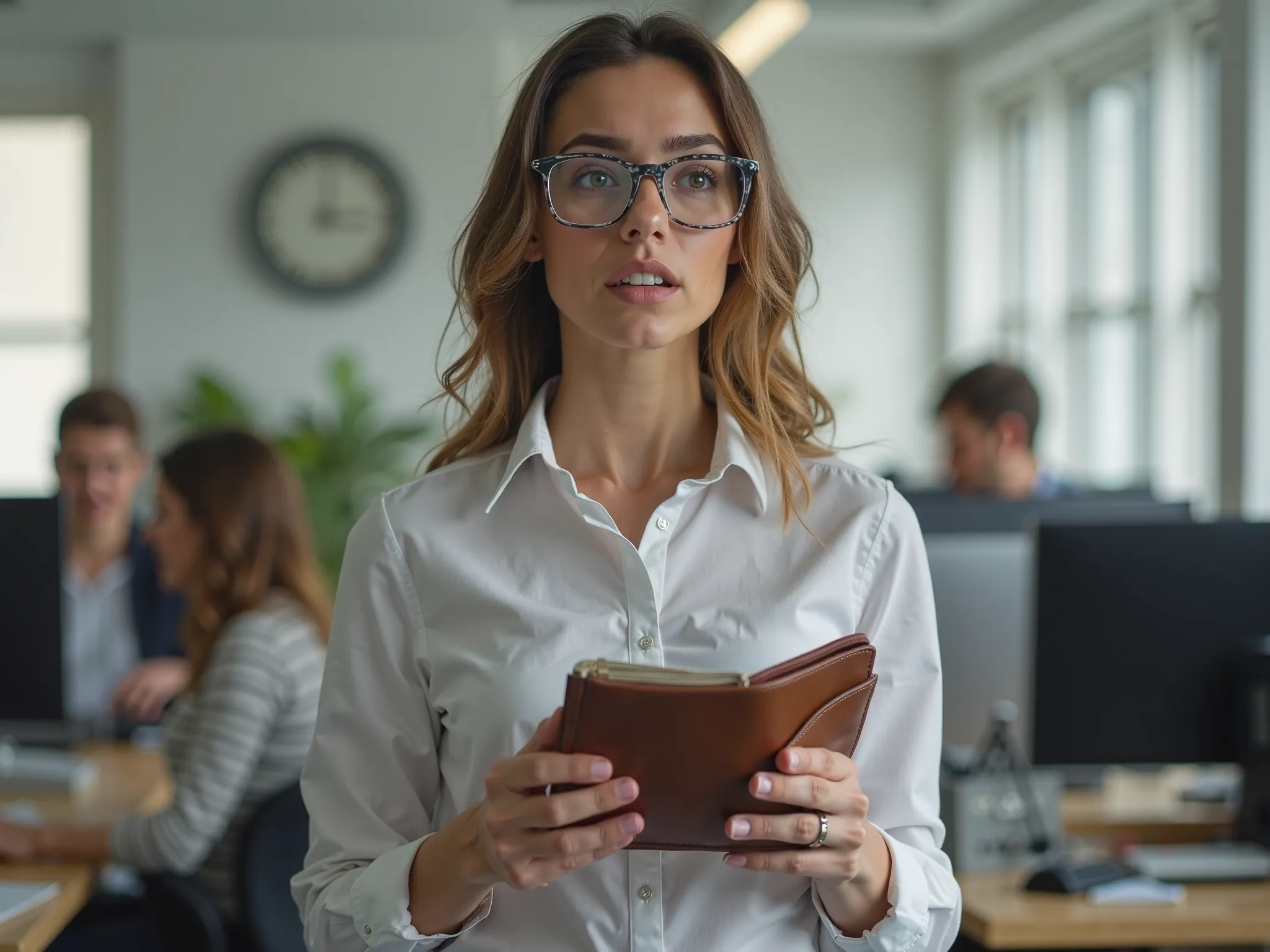 A 25-year-old women office worker checks their wallet at the end of the month, only to find it empty. Their facial expression goes from hopeful to completely shocked. They dramatically look around the office as if searching for lost money, while their coll...