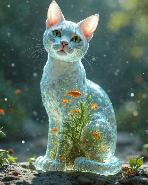 A luminous, transparent glass cat, showcasing an intricate internal ecosystem, featuring miniature colorful fishes  from within, blurring the line between surreal nature and organic growth, set against a dreamy bokeh background that evokes an ethereal atmo...