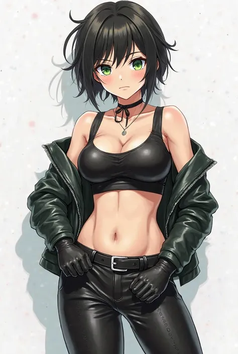  anime character, single character, tomboy, boyish girl, girl who looks like boy, leather pants, belt, tight high boots, androgynous,  boots, posing for a picture, black shiny leather, bellybutton, tousled boyish hair, crotch, little chubby, Anime characte...