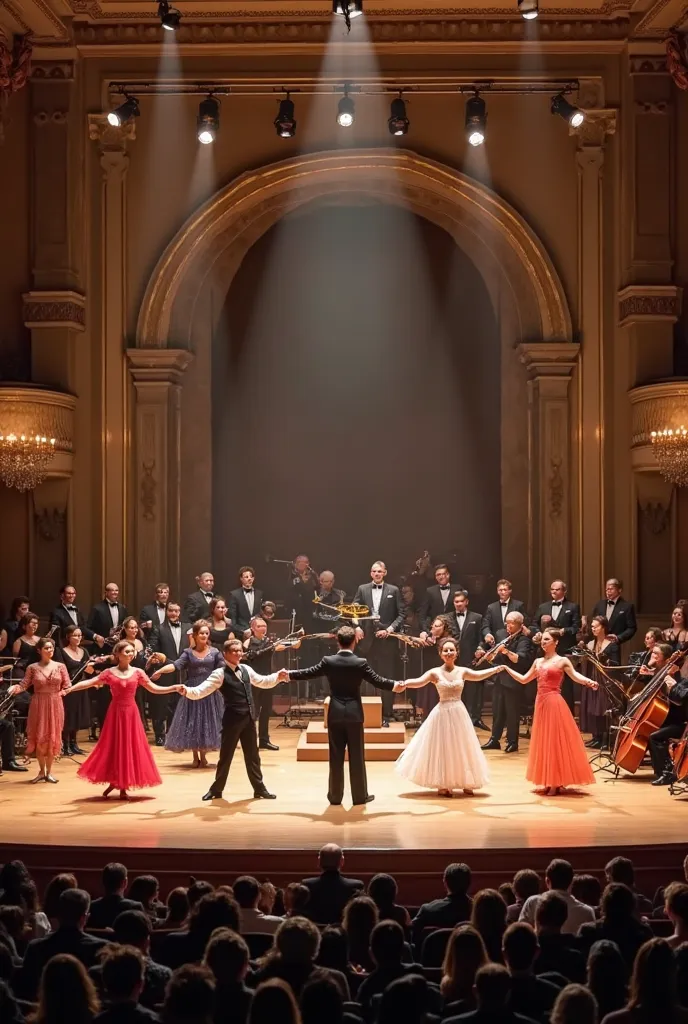 Create a horizontal image of a musical group of 12 musicians in the background, with 4 ballroom dancers in long colored dresses dancing on the right side and 4 dancers on the left side,  4 classical dancers in knee-length dresses and 4 male ballet dancers ...