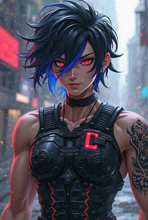 Free Fire male gamer style characters, with black hair with blue tips , with red eyes and a black breastplate ,  with a tattoo on the left arm  