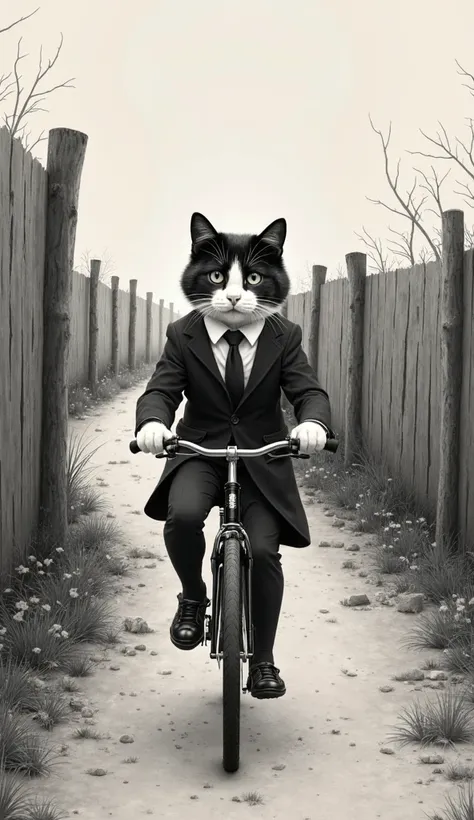 Black and white cat wearing school uniform cycling road on dirt