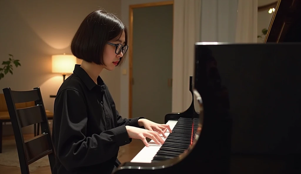 A Thai girl, 20-25 years old, with short bob, wearing round glasses with black rimmed glasses, white skin, height 165 cm. , proportions 38-30-35, sitting at the piano in a modern style room. The Medium Shot image shows her sitting on a piano chair, hands m...