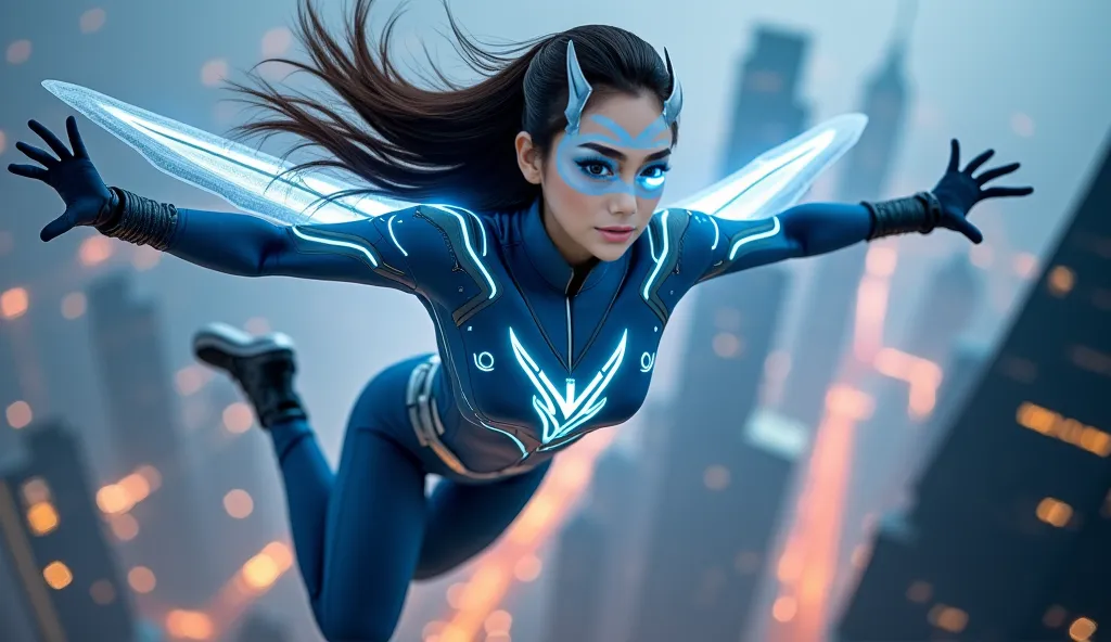 A highly realistic and cinematic full-body portrait of a superhero named Merpati, soaring above a futuristic cityscape at night. She wears a sleek, modern, and futuristic superhero suit that retains her signature colors: sky blue, white, and silver. Her co...