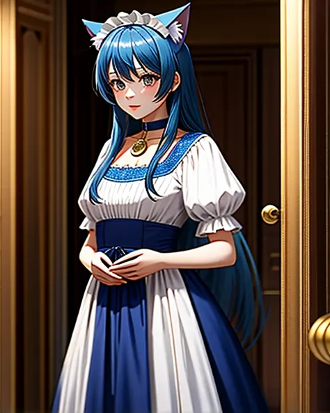 medieval fantasy style、 anime style、 Manga Style 、high definition, TOP QUALITY,  masterpiece,  Girl with blue hair and cat ears。wearing a blue maid dress、He wears a red choker with a large gold bell around his neck、putting her hands on her waist and saying...