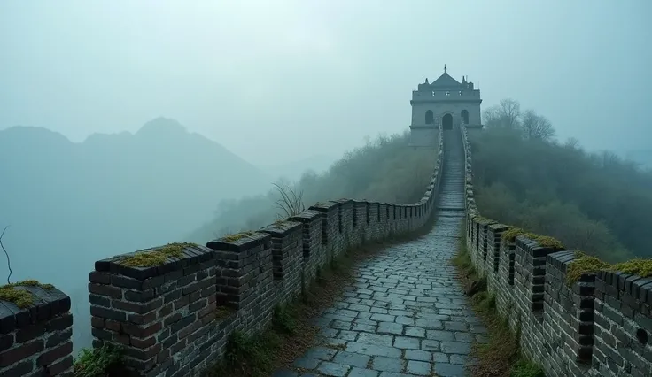 A misty scene of the Great Wall of China at dawn, with sections of the wall disappearing into the fog. The image should have a mysterious atmosphere, with the wall seemingly emerging from the mist, suggesting uncertainty about its origins. The wall is part...