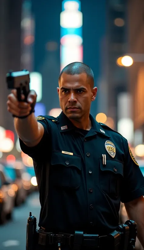 A close-up shot of a police officer in New York City, holding a raised pistol with a firm grip. The officer has a determined and focused expression, wearing a traditional NYPD uniform with a badge and utility belt. The city lights and blurred skyscrapers i...