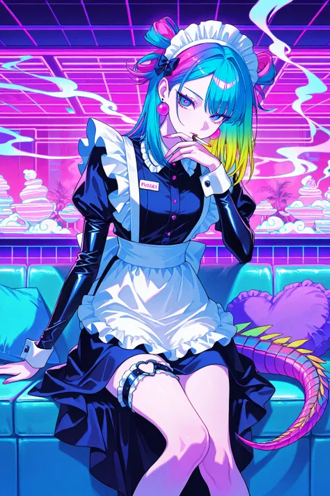 cool beauty, gradation color hair, slender body, rest, maid exotic fashion, tropical motif room, feet out of frame, neon color, smoke, cigarette, Vaporwave,