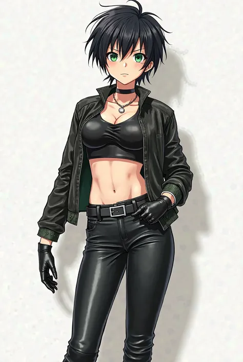  anime character, single character, tomboy, boyish girl, girl who looks like boy, leather pants, belt, tight high boots, androgynous,  boots, posing for a picture, black shiny leather, bellybutton, tousled boyish hair, crotch, little chubby, Anime characte...