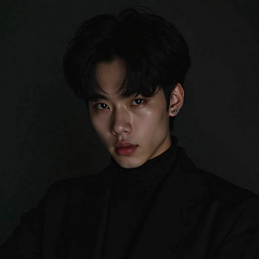 A handsome, Vietnamese, K-pop idol, male, with a cute black mullet, he’s the cutie of the group , teenage boy look, young, handsome, looks Vietnamese and Chinese, adorable, K-pop music video concept photos, dark, strong gaze, in a dark chamber, wearing a s...