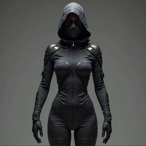 "A sleek, form-fitting female ninja bodysuit inspired by Kage Ninja Gear style. The suit is made of dark, flexible fabric with reinforced stitching and subtle armored padding on the shoulders, arms, and legs. It features intricate patterns woven into the m...