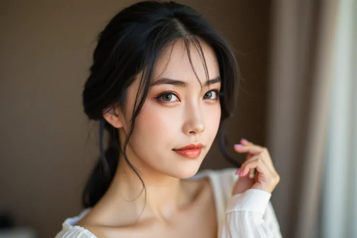  professional photo shoot of a beautiful woman、Black haired Japanese、Small face、Balanced contours、The skin is white and transparent,、There are few blemishes and dullness、, big eyes, and double eyelids、Straight through the bridge of the nose 、SLEAN AND BALA...