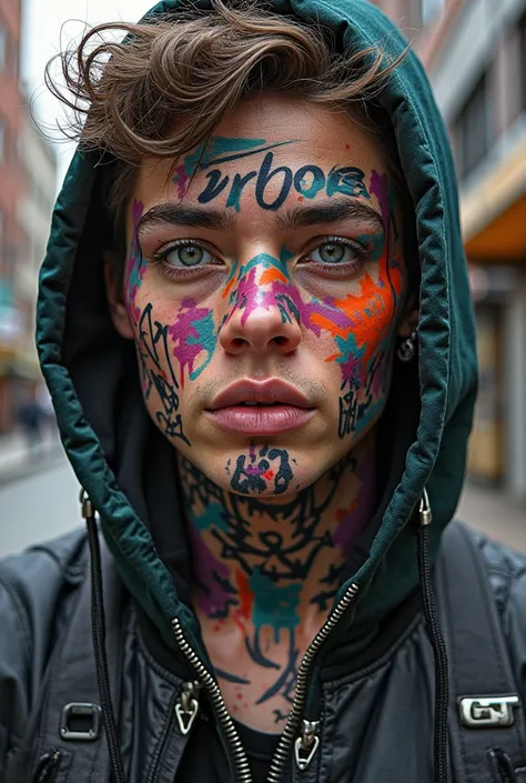 Get a tattoo on your face with graffiti elements with TAG "JR808"