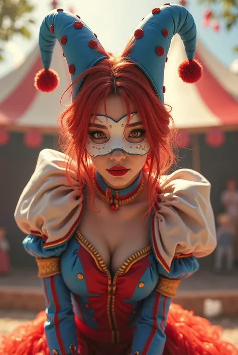 a female game character, 20 years, a circus suit blue and red and white in line designs, reddish hair, a big blue and red horn clothes on her facing down with two fur knots attached to it's end, a white round face mask with red lipstick, left eye is red an...