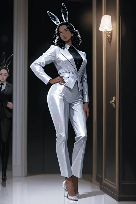 dark-skinned, rabbit ears attached to her body, with human body, tall woman, white glitter on her body under moonlight, hand on her hip, white and black colored rabbit ears, curly hair, tailored suit, full-body picture, heels