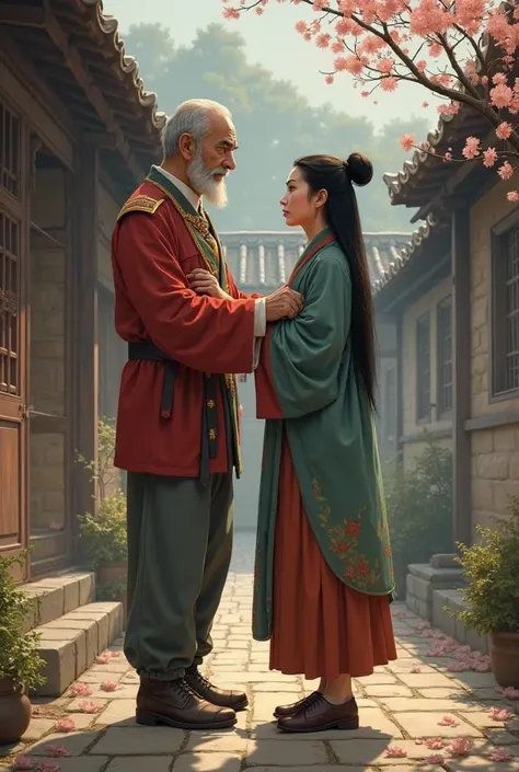 Mulan says goodbye to her father wearing military clothes