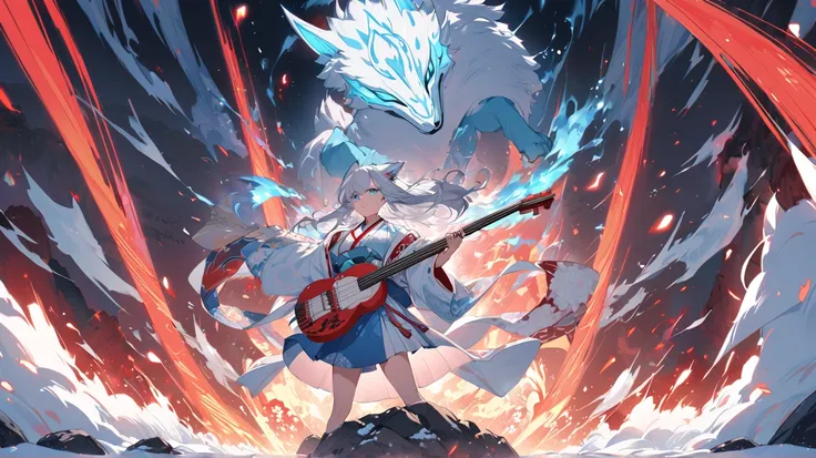 "Yuki, the 'Lofi Shrine Maiden of Snow,' stands boldly before Mount Fuji, exuding rock energy. Her silver hair flows wildly, icy-blue eyes glowing beneath a sleek fox mask. She wears a white and blue kimono with a sukajan jacket, gripping a glowing shamise...