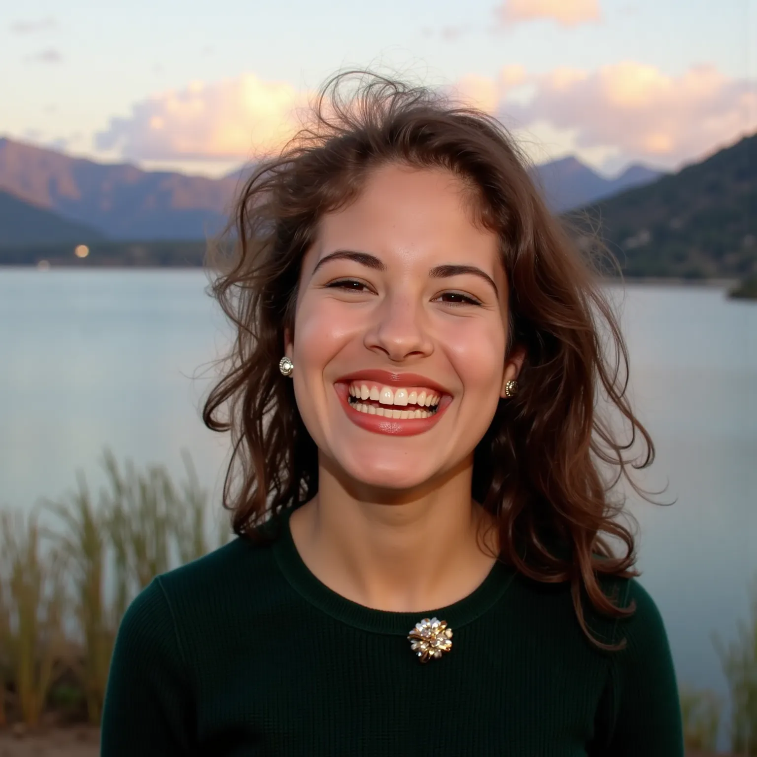 Portrait of a young woman with a big smile, brown and slightly wavy hair,  disordered by the wind .  It's outdoors, with a natural background of a serene lake surrounded by mountains and a sky with soft clouds illuminated by the warm light of the evening. ...