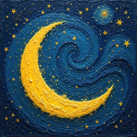 The crescent in starry night style and is yellow