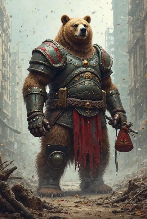 A bear has my feet and hands and walks like a human being. He is a warrior in a battlefield with a Fez in his hand