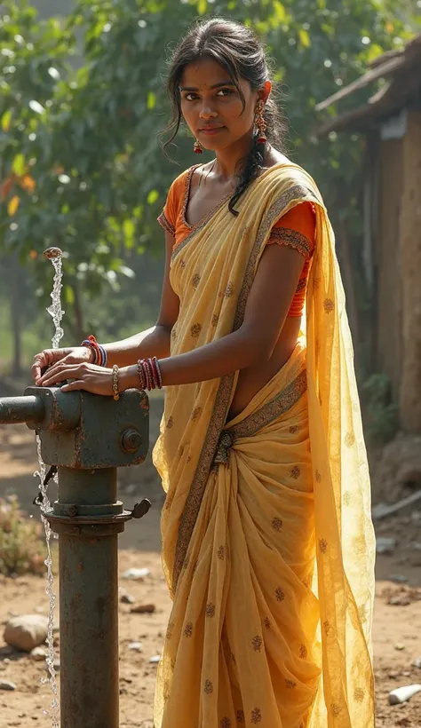 A realistic image "An Indian woman wearing a traditional transparent saree with a big blouse with innerwear, working near a water pump. She has a confident and determined expression as she operates the pump, drawing water. The background is a rural setting...