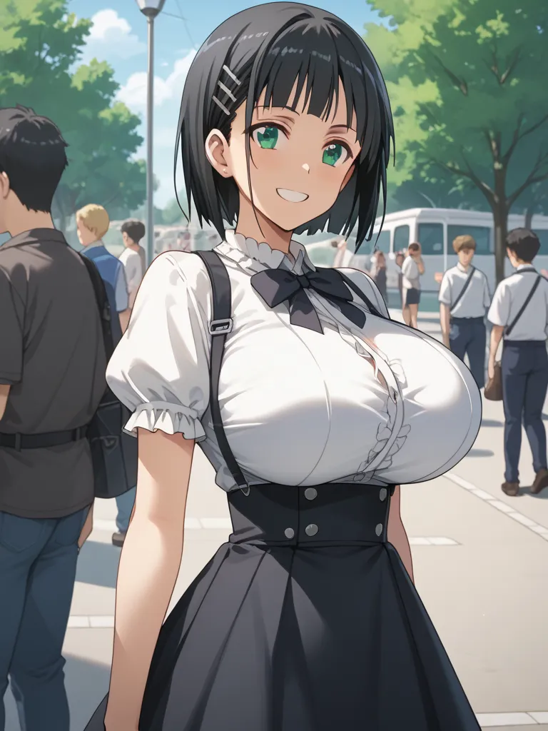 suguha kirigaya, short hair, black hair, hair ornament, hairclip, green eyes, huge breasts, white blouse, frilled blouse, short sleeves, (suspenders skirt, high waist skirt:1.3), (bursty breasts:1.3), highlight breasts, happy smile, from front, outdoor, pu...