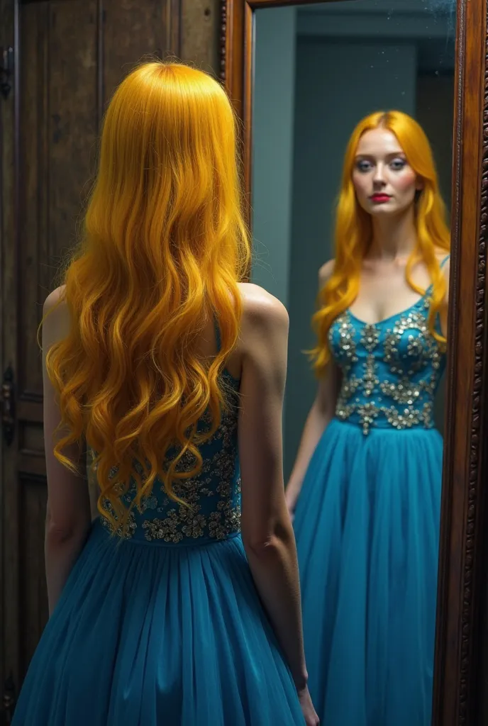 Generate an image of a beautiful yellow  long haired young lady wearing a glamourous and stunning beautiful blue dress. She is facing in a mirror attached in a old closet, she is in a old room. The lady has a very yellow hair make the ambiance magical nigh...