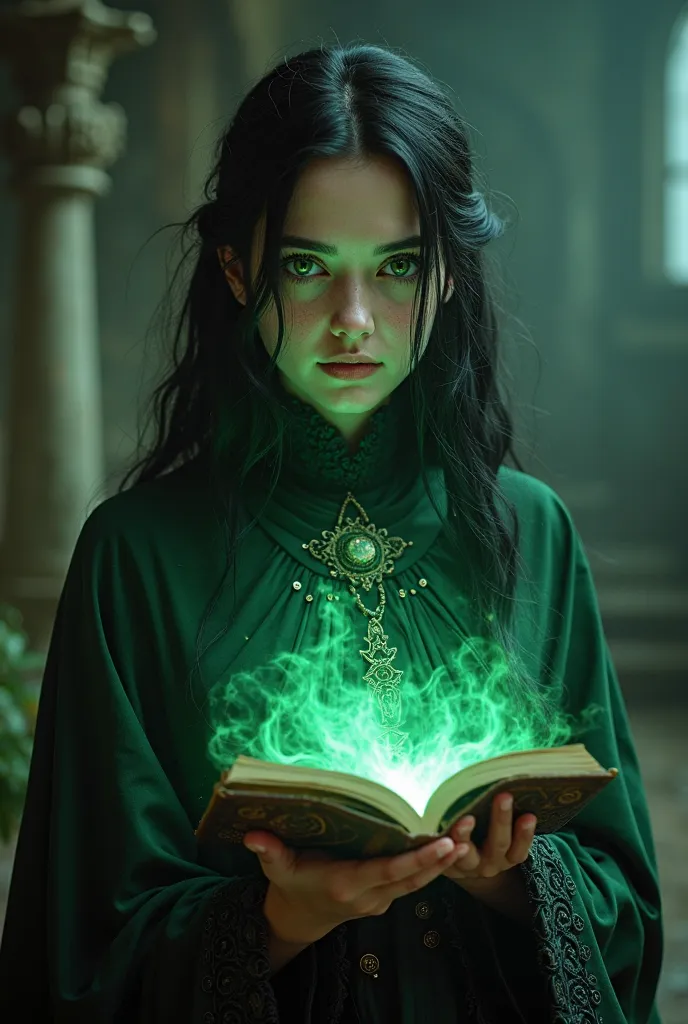 A young girl with long black hair and piercing green eyes, a daughter of Severus Snape, beautiful detailed eyes,beautiful detailed lips,extremely detailed eyes and face,longeyelashes, intricate green dress, porcelain skin, pale complexion, dark and mysteri...