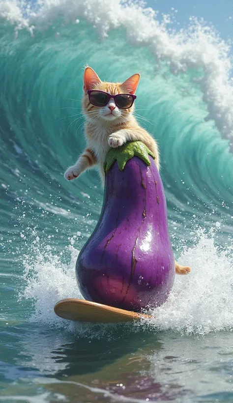 A cat used eggplant as a skateboard in a big waves while wearing sunglasses 