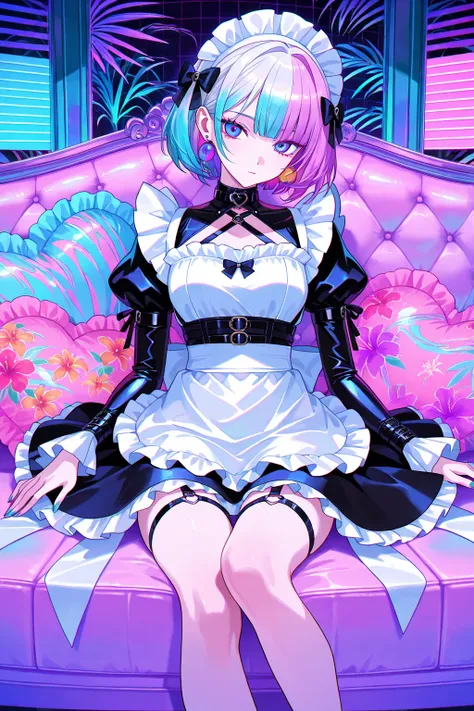 cool beauty, gradation color hair, slender body, rest, maid exotic fashion, tropical motif room, feet out of frame, Vaporwave,