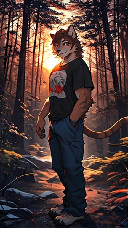  male, anthropomorphic cat, in pants and a T-shirt, brown hair, no pumping, the forest, Sunset, Full length, view from a long distance, best quality, High detail, 