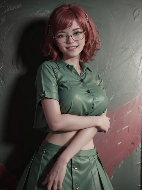 close-up, upper body. Short, ( red hair:1.6), (green eyes:1.6), (diopter glasses with metal frames:1.2), (shirt with green buttons:1.6), ( big size twelfth breasts:1.6), (green skirt :1.6), (smiling:1.6) girl  (stands in front of a blackboard:1.6). (splitt...