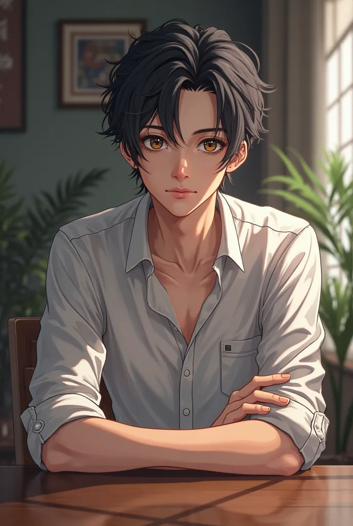 Adult anime boy in shirt sitting in table