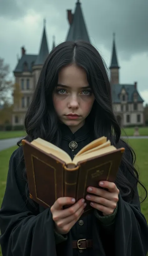 An old diary in the hands of a young girl(A daughter of Severus Snape: (European girl, black hair, green eyes)) hair looking at it curiously against the backdrop of an imposing mansion with dark clouds above it.

I created an extremely realistic viral imag...