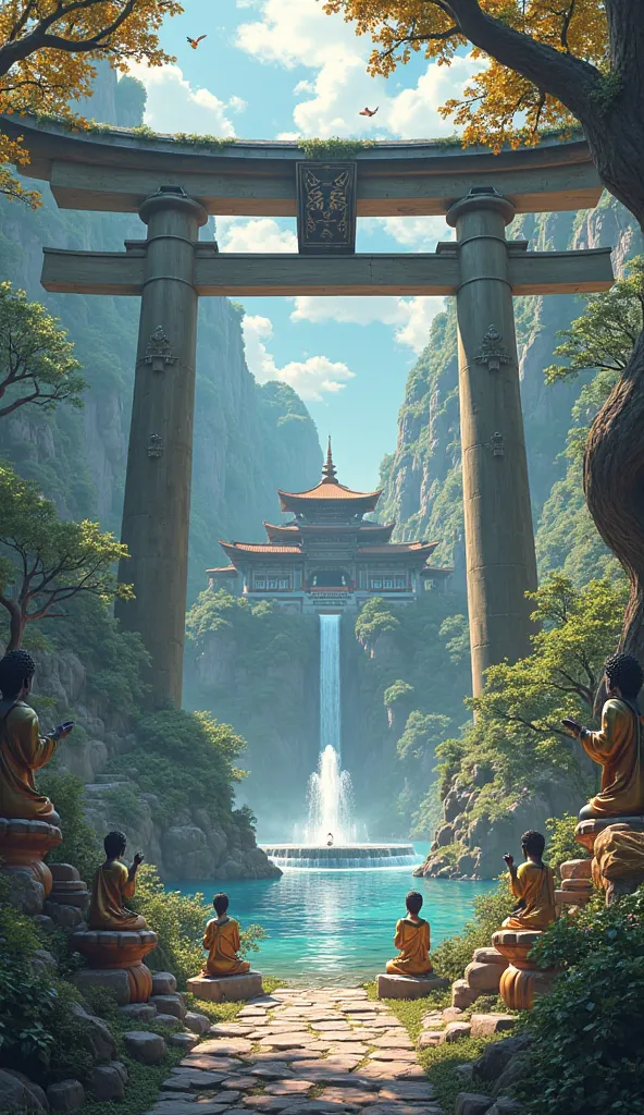 a massive enormous torii gate on the left and right sides, with a colossal palace or main gate in the center, leading to a different dimensional universe, masterpiece, best quality, ultra-high resolution, perfect, Buddhist statues and stone sculptures movi...