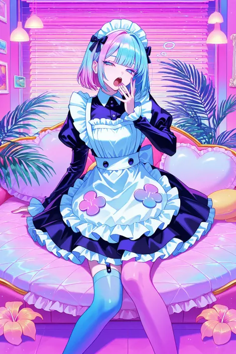 cool beauty, gradation color hair, slender body, rest, yawning, maid exotic fashion, tropical motif room, feet out of frame, Vaporwave,