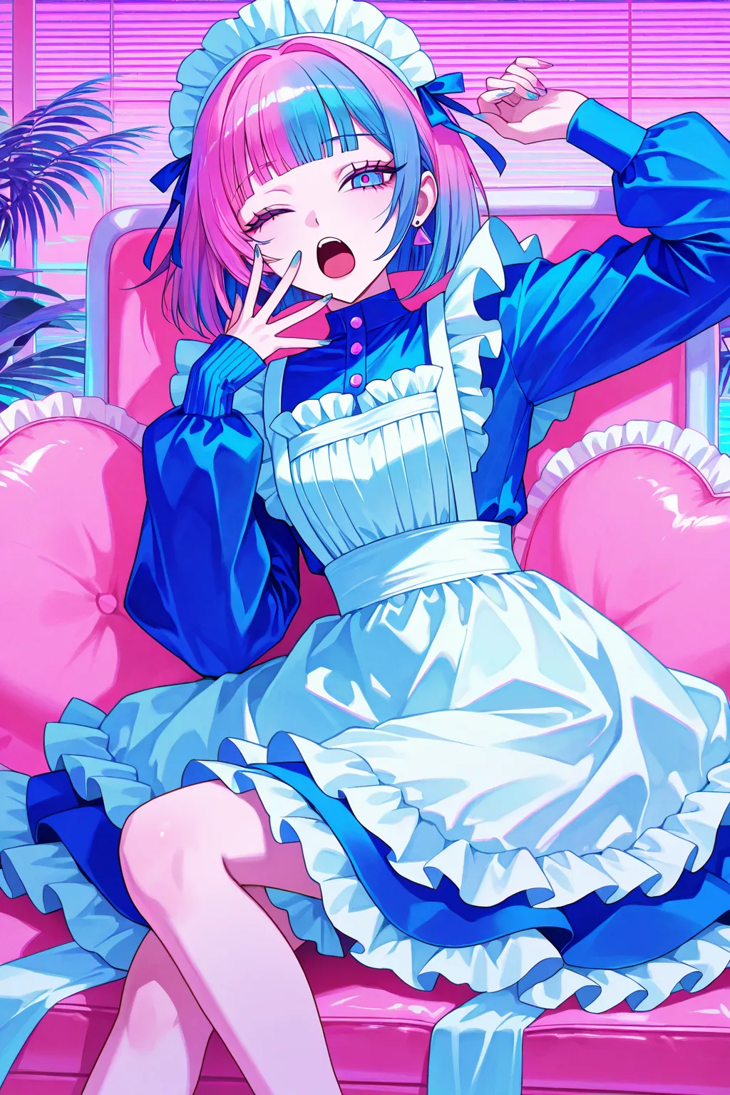 cool beauty, gradation color hair, slender body, rest, yawning, maid exotic fashion, tropical motif room, feet out of frame, Vaporwave,