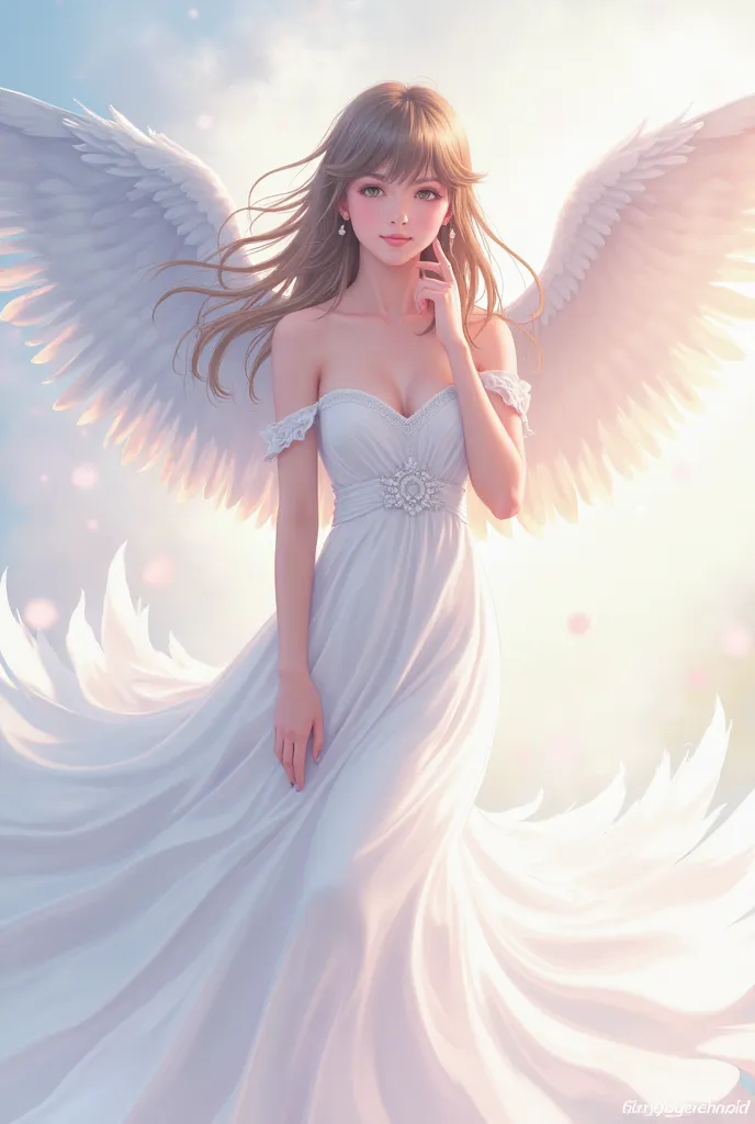 There was a woman wearing a white dress，With angel wings, Yang J 的动画绘画, pixiv,  furry art , [ 4k digital art ]!!, anime girl, beautiful alluring Anime Female, Smooth anime CG illustration, Pastel anime illustration, Digital Anime Illustration, beautiful An...