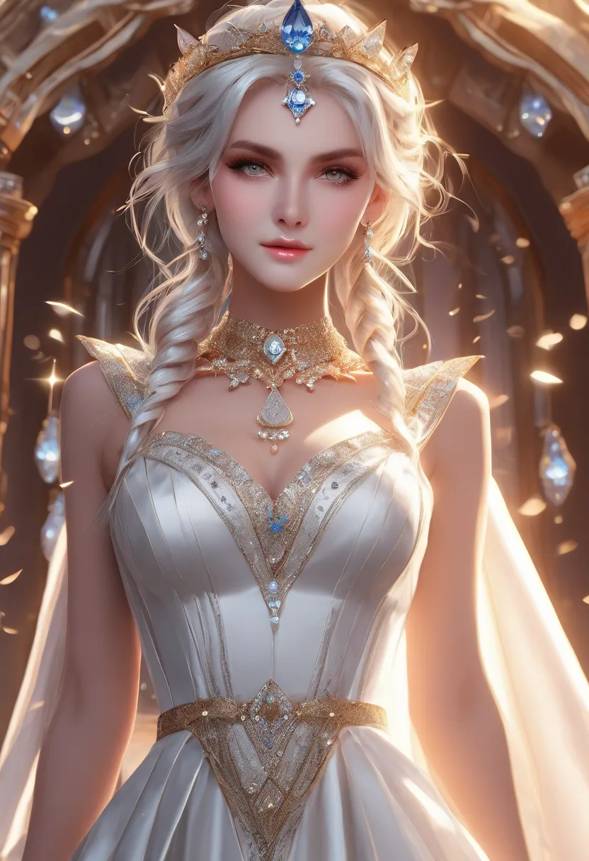  elementalist lux, hair to shoulder, white hair, golden eyes, shining eyes, dress, white gloves, elbow gloves, cleavage, knee boots, high heels, staff, white collarbone cloth, blush, simple background, golden diadem with big blue diamond, pointy chin, thin...