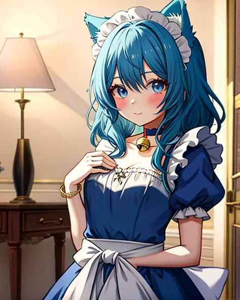 medieval fantasy style、 anime style、 Manga Style 、high definition, TOP QUALITY,  masterpiece,  Girl with blue hair and cat ears。wearing a blue maid dress、He wears a red choker with a large gold bell around his neck、putting her hands on her waist and saying...