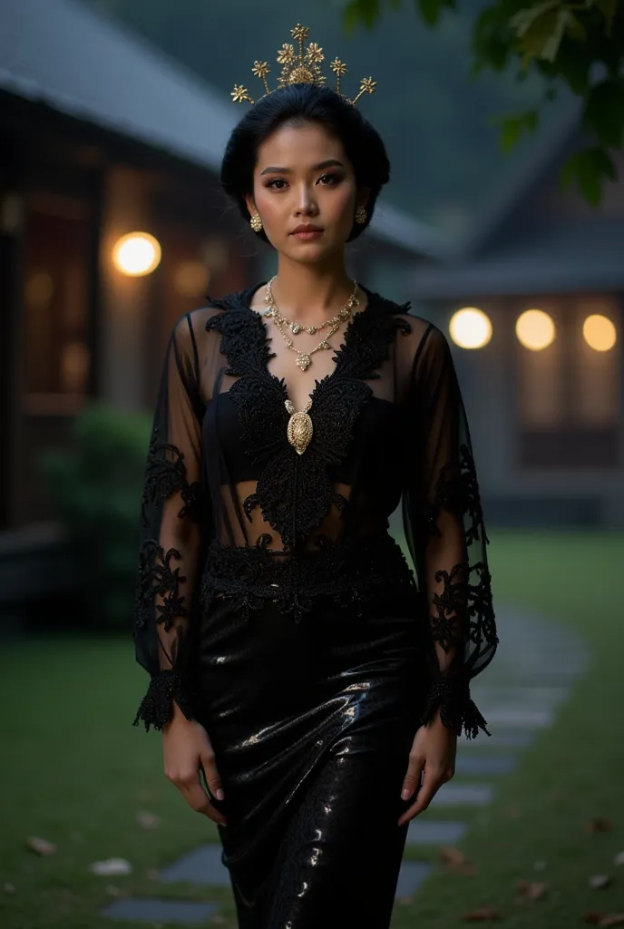 photo of a beautiful young Dutch woman walks alone elegant in a in an outdoor setting night time. hair bun traditional Javanese style. She wears a Javanese traditional clothes, black lace-sequined shimmer luxury kebaya, with tight batik skirt. the heavy ma...