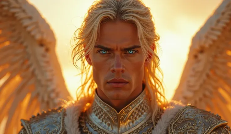 "A hyper-realistic close-up of an angel knight’s intense, glowing blue eyes, radiating unwavering justice. His flawless features are illuminated by the golden light of the heavens, each detail of his skin enhanced by the divine glow. His intricate, battle-...