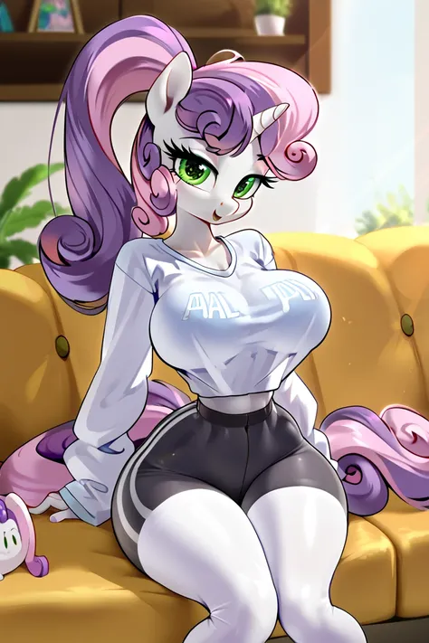 Sweetie belle, long and baggy shirt showing shoulders, hair in ponytail, busty, small waist, thighs, pony, on couch, leggings