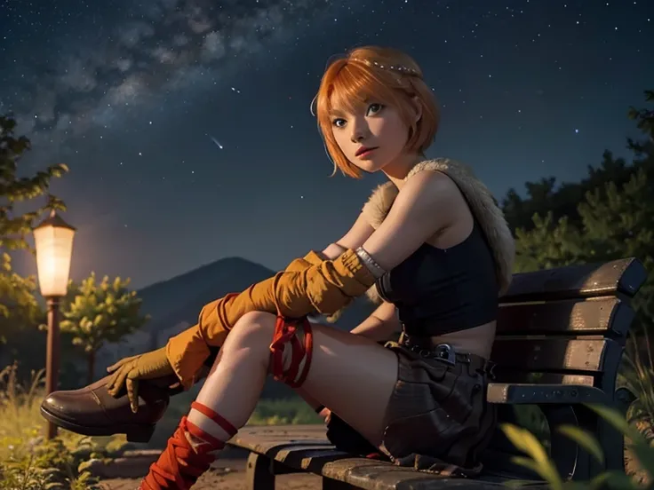 Astrid, Short Hair,  orange hair, dress, slim body,  small bust,  mini skirt, red stockings,  sitting on the bench,  at night,  Starry Sky, milky way