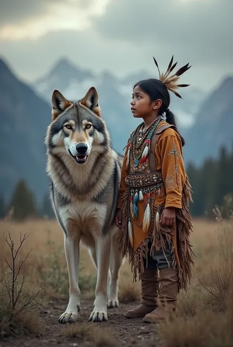 A Native American boy wearing traditional Native American costume, the boy stands with a large gray wolf, Realistic 4K image quality 