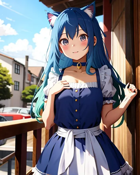 medieval fantasy style、 anime style、 Manga Style 、high definition, TOP QUALITY,  masterpiece,  Girl with blue hair and cat ears。wearing a blue maid dress、He wears a red choker with a large gold bell around his neck、putting her hands on her waist and saying...