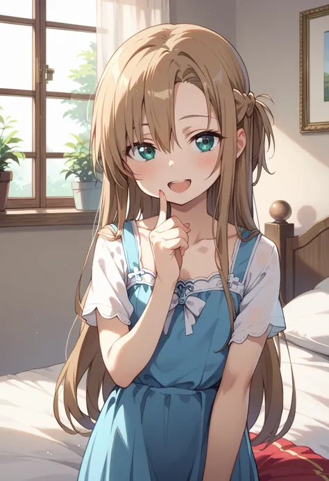 ((TOP QUALITY)), ((masterpiece)), (be familiar with), perfect face, indoors, bedroom, watching viewers,
One woman, Asuna Yuki,
open mouth, ecstatic expression, blush, smile,
 small tits, flat chested, Young girl,  lori,  ,  girl,
 long hair, long hair,
 op...