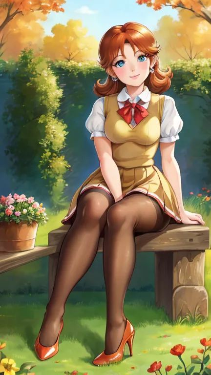 princess daisy, wide hips, thighs, school uniform, pleated skirt, high heels, short sleeves,(sheer tan seamless glossy beige pantyhose:1.3)、red blush, full body, sitting, 